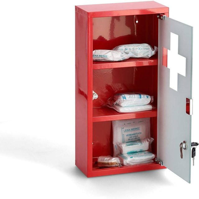 Medizinschrank Zeller aus Metall in Rot mit Glastüren und Schloss, Wandmontage, B/H/T: 12 x 45 x 25 cm - Bild 1