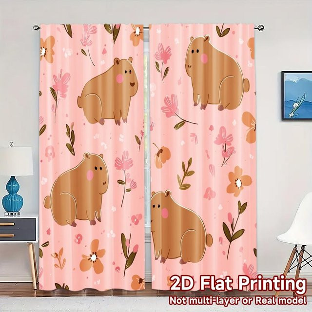 Vorhang-Set Capybara Florale Glückseligkeit aus Polyester mit Digitaldruck, 2 Stück, B: 100 cm, H: 70 cm - Bild 1