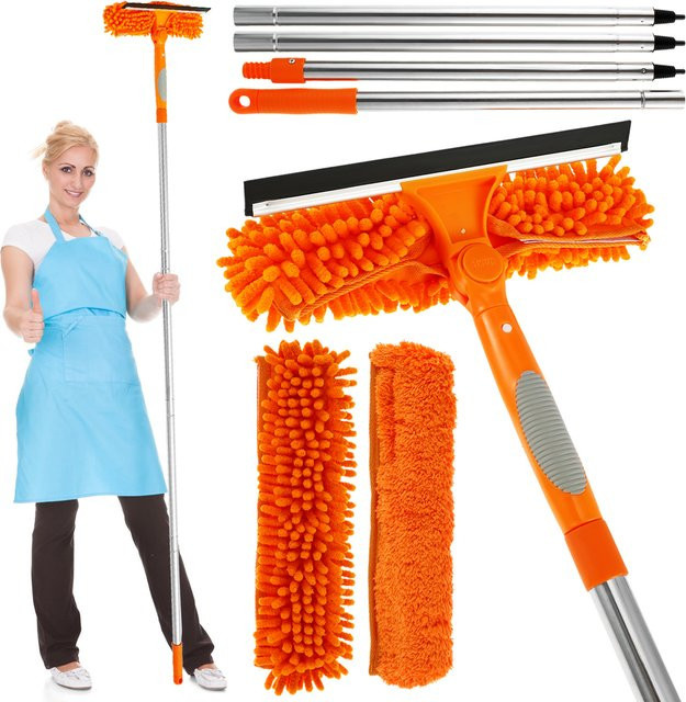 Willstar Professionelles Glasreinigungsset in Orange mit Fensterreinigungsrakel, Fensterverlängerungsgriff und 2 Mikrofasermopps für Wände, Decken und Böden - Bild 1