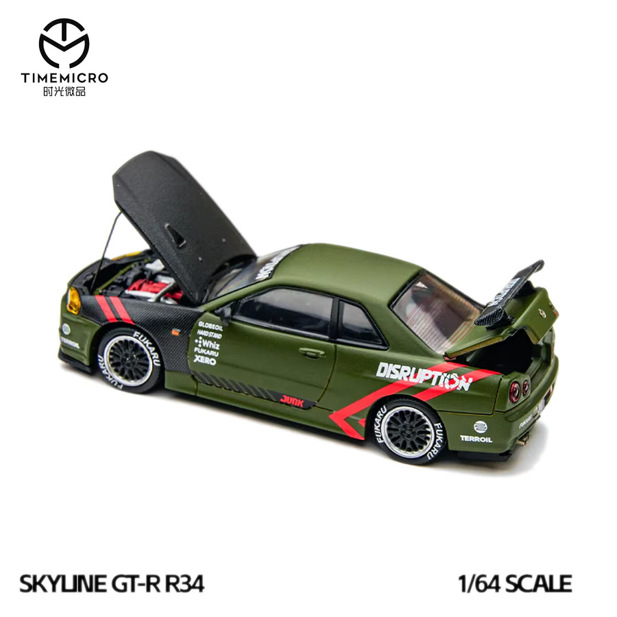 TimeMicro Skyline GT-R R34 Disruption, Diecast-Modellauto, 1:64, Mattgrün - Bild 2