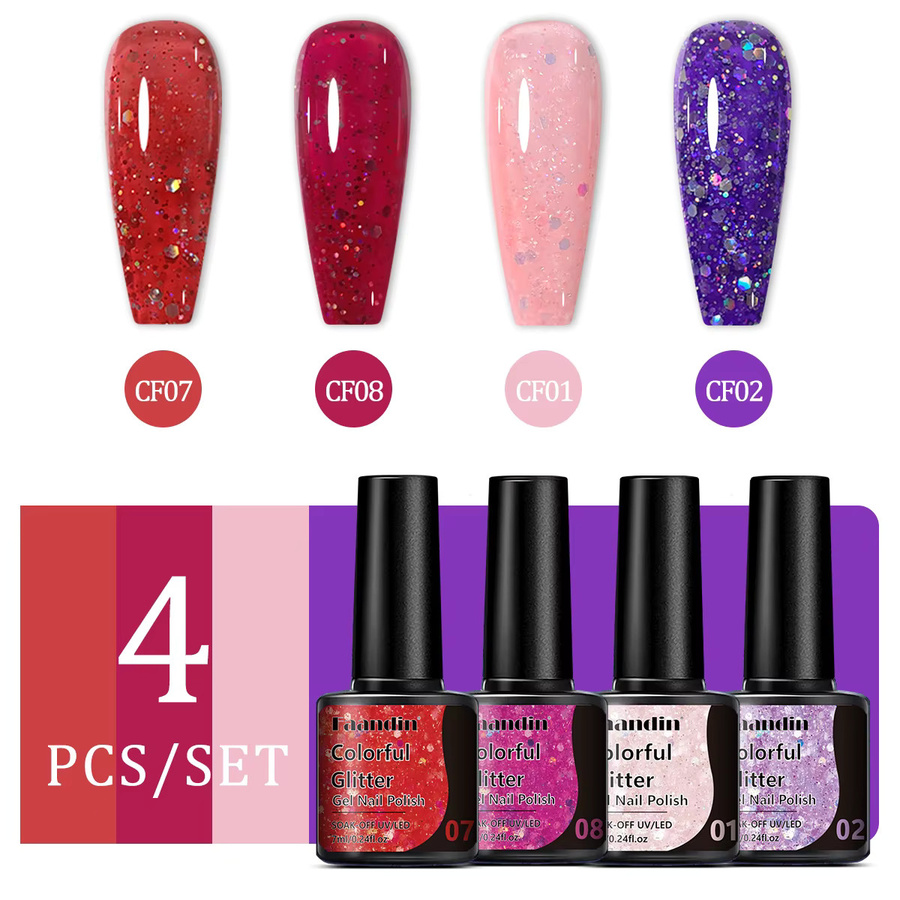Faandin Glitzer-Gel-Nagellack-Set, Rosa, 4 x 7 ml, Schimmernd - Bild 6