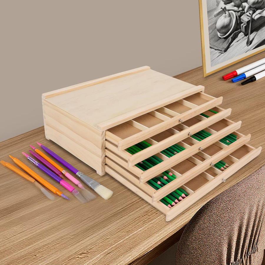 Bymaocar Vintage Aufbewahrungsbox aus Holz in Beige mit 5 Schubladen als Schreibtisch-Organizer und Schmuck-Make-up-Box - Bild 2