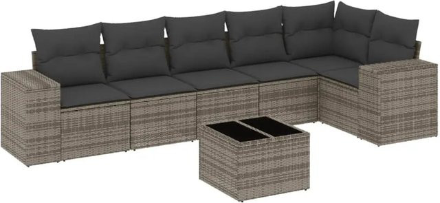 vidaXL 7-tlg. Garten-Sofagarnitur in L-Form aus grauem Poly-Rattan mit Kissen und Armlehnen - Bild 1
