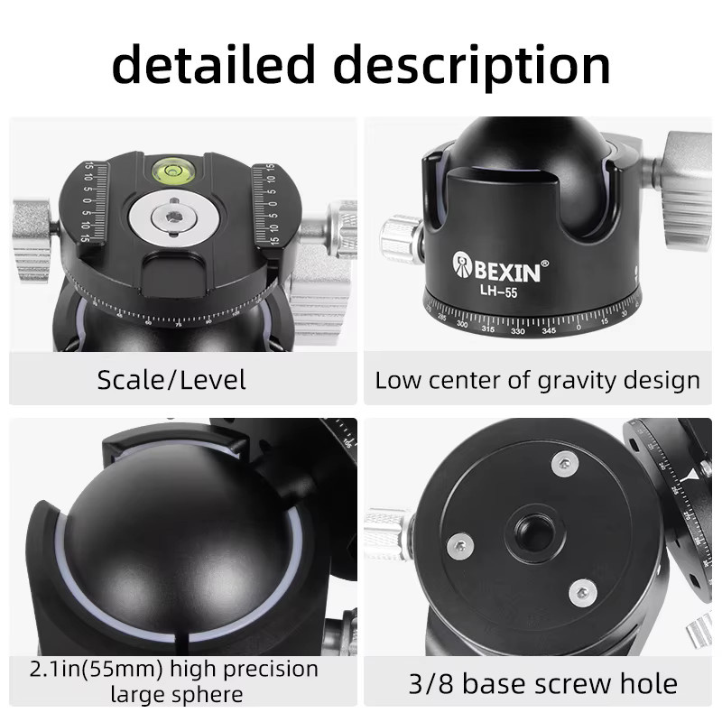 BEXIN Stativ-Kugelkopf in Schwarz mit extrem niedrigem Profil, doppelter U-Kerbe und Dämpfungseinstellung, Höhe: 55 mm bis 28 mm - Bild 5