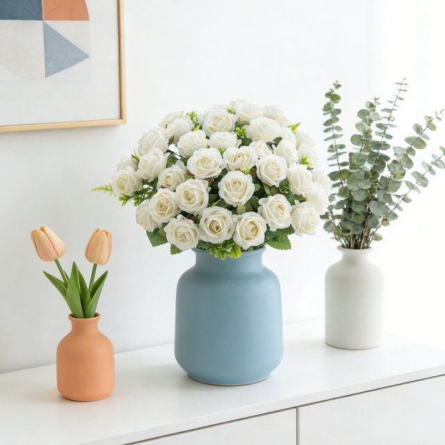 Weiße künstliche Seidenrosen für deine DIY-Dekoration als Hochzeits-Brautstrauß oder Tischdekoration - Bild 1