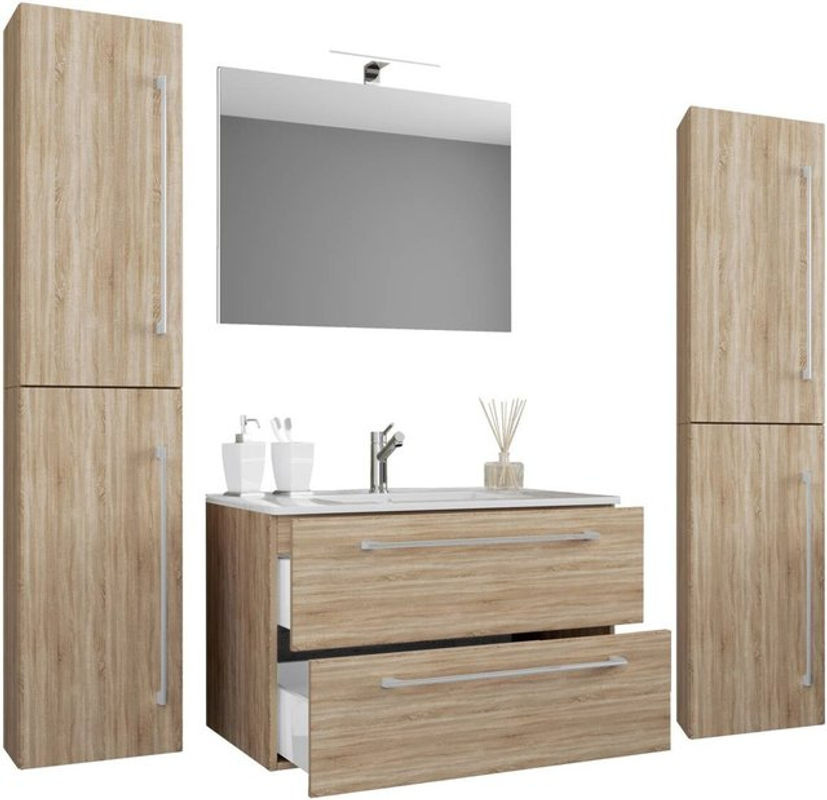 VCM Badmöbel Set Badinos 5-tlg. Waschplatz in Sonoma-Eiche mit Waschbecken, Unterschrank, Spiegel und Hochschrank, Breite: 80 cm, Höhe: 150 cm, Tiefe: 46 cm - Bild 2