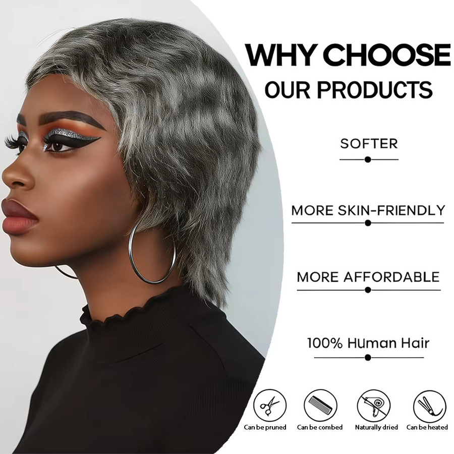 OYM HAIR Echthaar-Perücke, Pixie-Schnitt mit Pony, grau, Damen - Bild 3