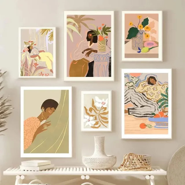 Potdemiel Abstrakte Leinwandmalerei mit tanzender Frau und Früchten in Multicolour als Boho Wandkunst Poster für dein Wohnzimmer - Bild 1