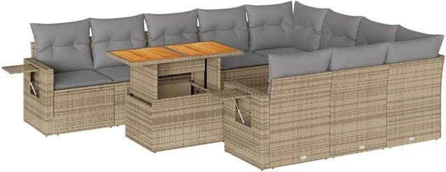 vidaXL 11-tlg Garten-Sofagarnitur in L-Form aus Poly-Rattan und Akazienholz mit Kissen in Beige - Bild 1