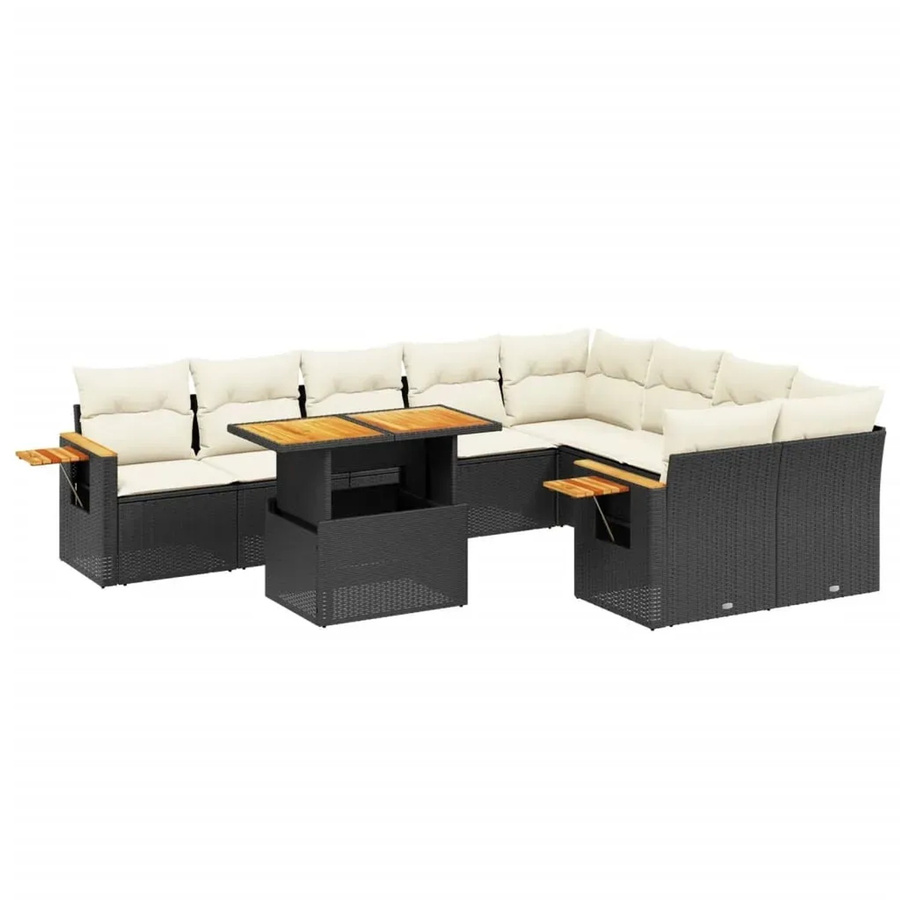vidaXL 10-tlg. Garten-Sofagarnitur aus Poly-Rattan und Akazienholz in Schwarz mit UV-beständigen Kissen - Bild 2