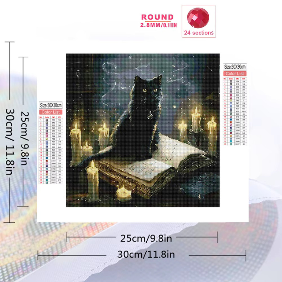 Momoart Diamant-Stickerei Schwarze Katze DIY-Malerei mit runden Steinen aus Kunststoff, B/H: 20 x 20 cm - Bild 2
