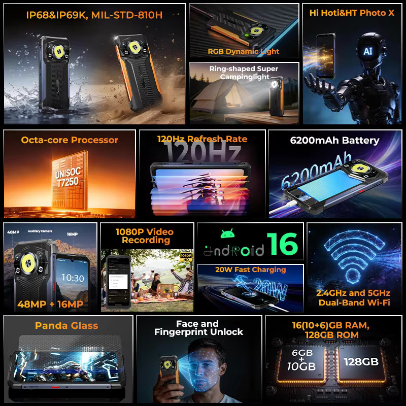 HOTWAV Cyber 17 Robustes Smartphone mit Android 16, 6,75 Zoll 120Hz HD+ Display, RGB Dynamisches Licht, 48MP+16MP Kamera, 6GB RAM, 128GB ROM, 6200mAh Akku, Orange/Schwarz - Bild 2