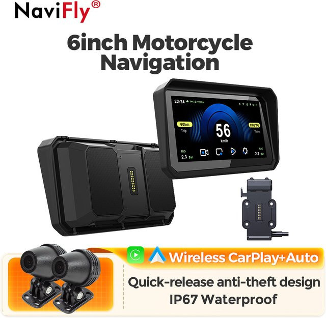 MEKEDE 6 Zoll Motorrad-Navigationssystem mit HD-Touchscreen, IP67 wasserdicht, Dual-Band WLAN, CarPlay und Android Auto, Schwarz - Bild 1