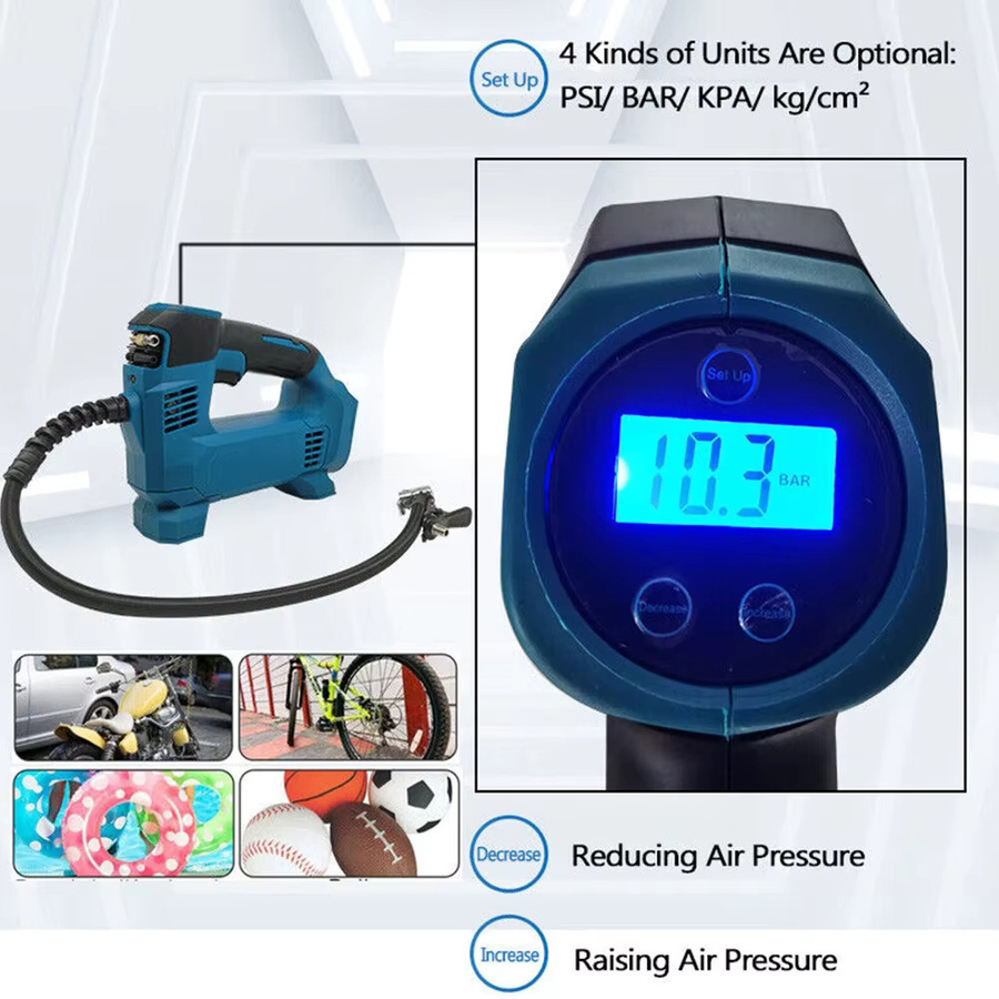 Podofo Elektrischer Reifenfüller Kompressor in Blau, Tragbares kabelloses Luftaufblasgerät mit digitaler Anzeige für Makita-Akkus - Bild 2