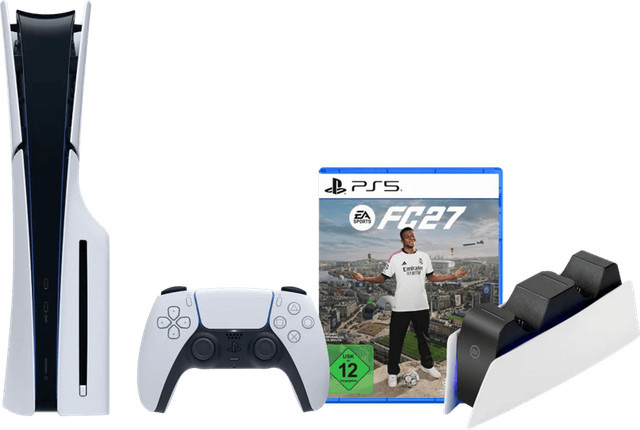 Sony PlayStation 5 Slim mit Laufwerk, FC 27 und Ladestation in Weiß - Bild 1