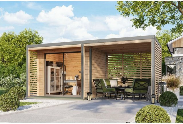 Karibu Gartenhaus Flavio A mit Anbaudach aus Massivholz Fichte in Natur-Grau, B: 380 cm, H: 276 cm, T: 231,5 cm - Bild 1