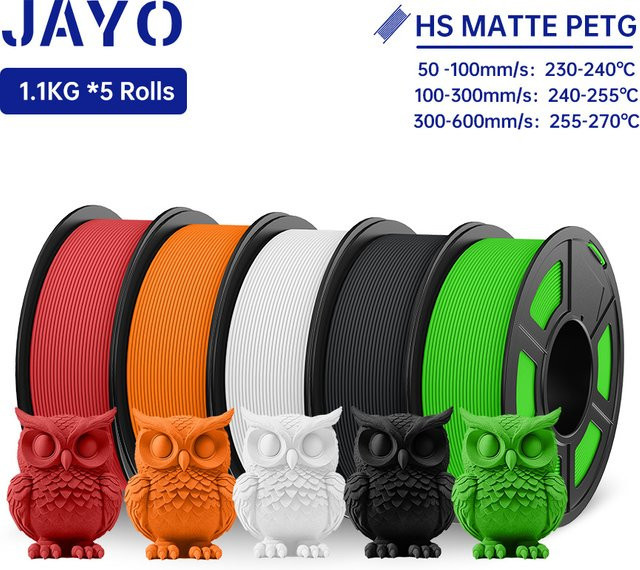 JAYO PETG 3D-Filament Set, 5 Rollen, 1,75 mm, Multicolor, Hochgeschwindigkeits-Filament mit mattiertem Effekt für FDM-Drucker - Bild 1
