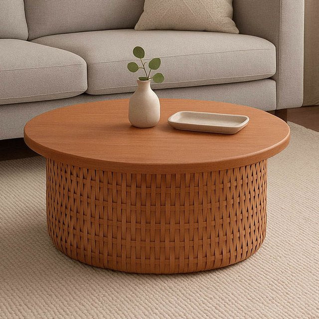 MCW Couchtisch P15 aus Mahagoniholz und Rattan, rund, braun, Durchmesser: 75 cm - Bild 1