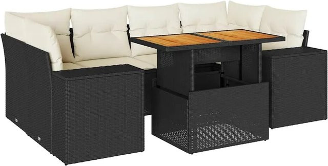 vidaXL 7-tlg Garten-Sofagarnitur in L-Form aus Poly-Rattan und Akazienholz mit Kissen in Schwarz-Creme - Bild 1