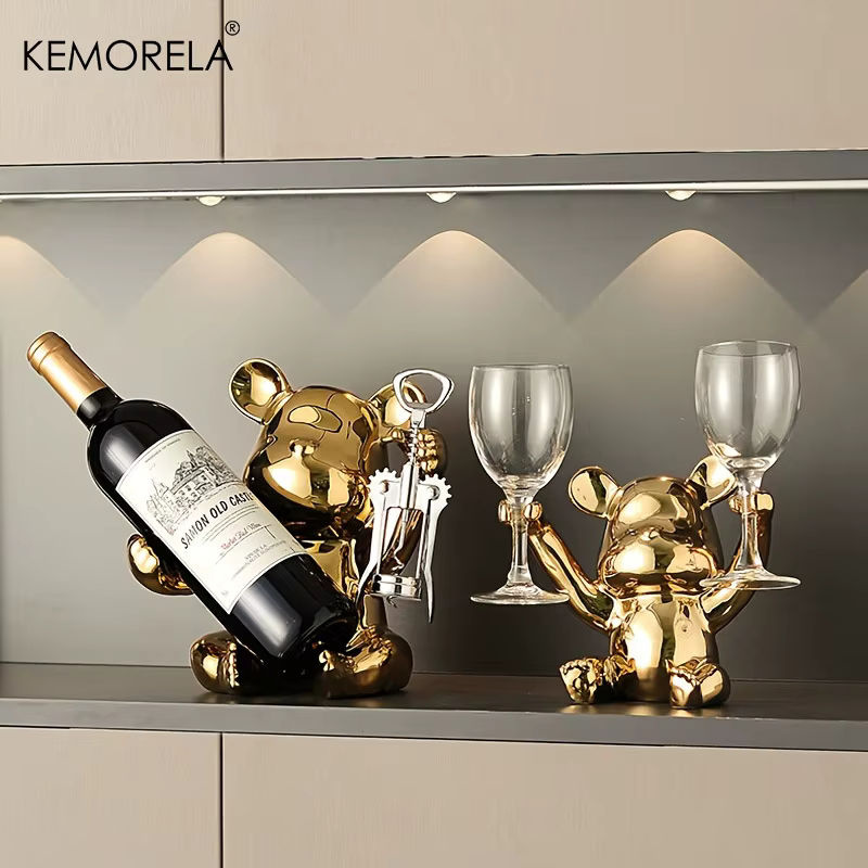 KEMORELA Keramik Weinregal mit Flaschenöffner in Cartoon-Design als dekoratives Tischregal für Küche und Bar in Gold oder Silber - Bild 3