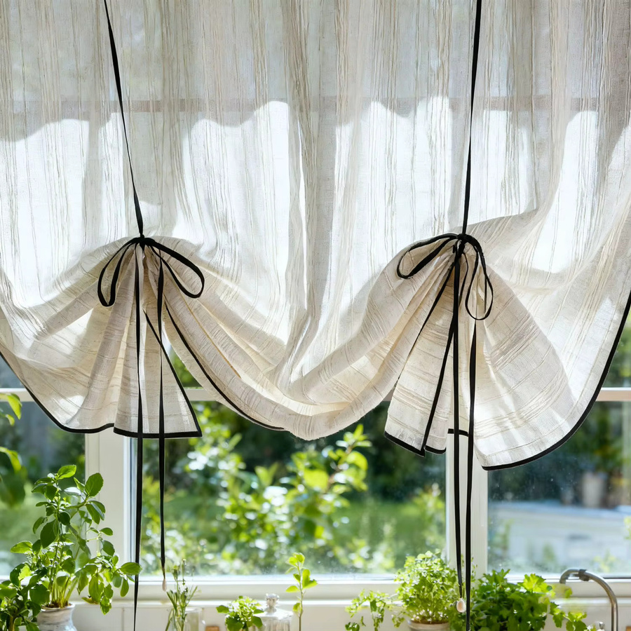 Tiyana Halbroman Vorhang im französischen Landhausstil mit schwarzem Kordelzug, transparentes Textil für Küche und Wohnzimmer, Weiß - Bild 3