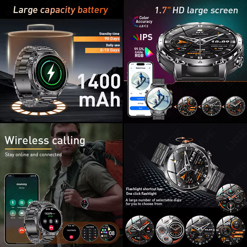 LIGE Outdoor-Smartwatch mit Bluetooth-Anruf, 1,7 Zoll Display und großem 1400 mAh Akku für Android und iOS - Bild 2