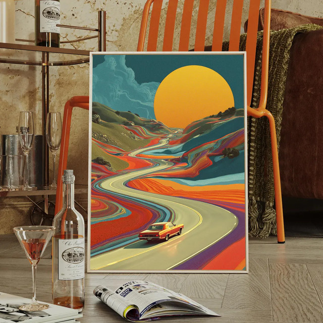 Retro-psychedelischer Roadtrip Wandkunstdruck von SHENCHEN als Vintage-Poster mit Sonnenuntergang und surrealer Landschaft auf mehrfarbiger Leinwand - Bild 1