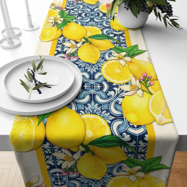 JMG Household Supplies Tischläufer aus Leinen mit Sommer-Zitronen-Motiv in Gelb, B/L: 33 x 150 cm - Bild 1