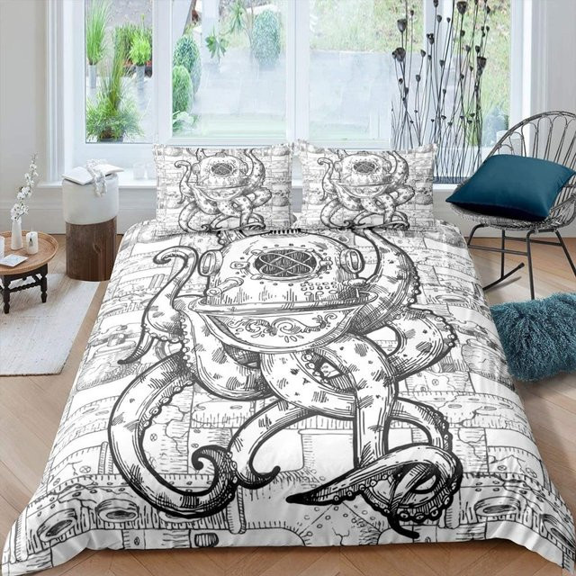 Grünes Oktopus Bettwäsche-Set aus Mikrofaser mit Deckenbezug und Kissenbezug, Meeres-Thema Unterwasser-Design, B/H: 135 x 200 cm - Bild 1