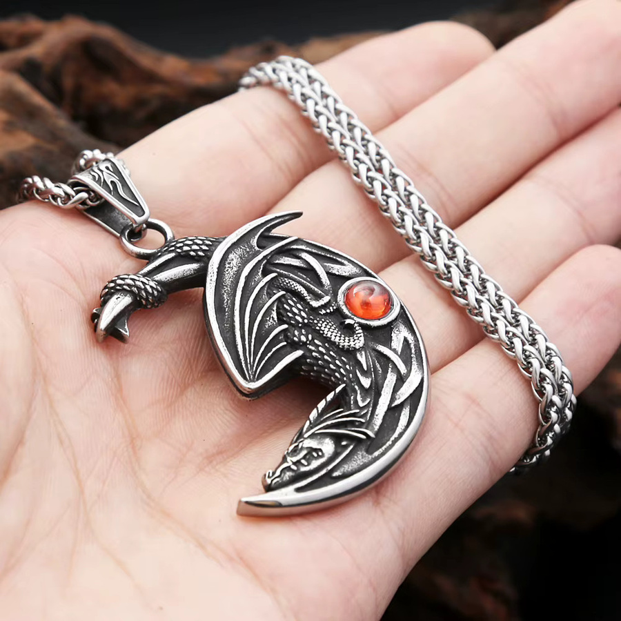 NORTHMAN Halskette, Winged Dragon Mond Form Anhänger, Edelstahl, Silber, Unisex - Bild 2