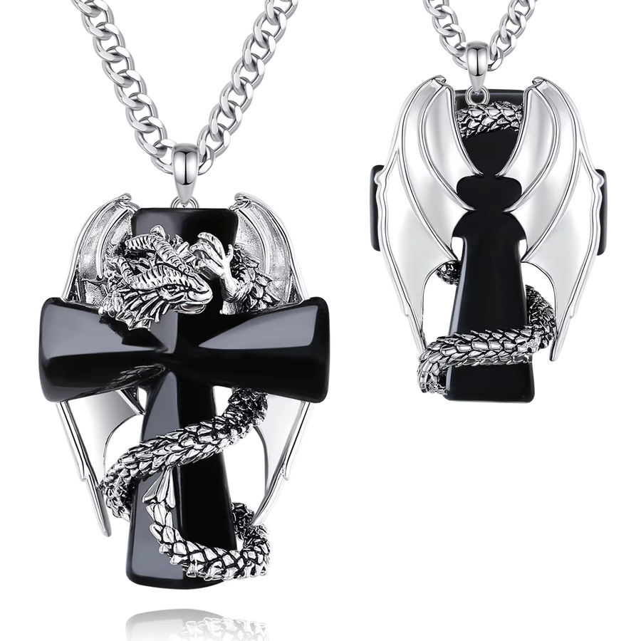 Eudora Halskette, Drache Twining Kreuz, Obsidian, Kristall, Silber, Unisex - Bild 4