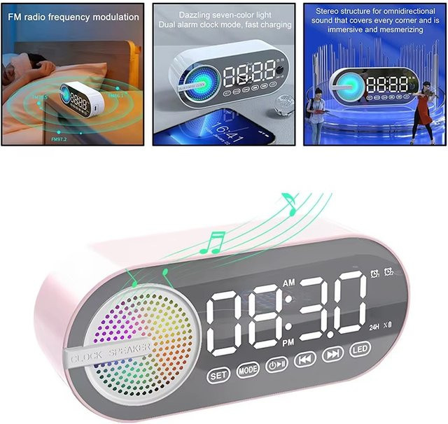 KAFNHCKA Bluetooth Lautsprecher mit FM-Radio, Wecker und RGB-LED Digitaluhr als Spiegeluhr in Schwarz - Bild 1