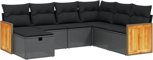vidaXL 7-tlg Garten-Sofagarnitur in L-Form aus schwarzem PE-Rattan mit UV-beständigen Kissen und pulverbeschichtetem Stahlgestell - Bild 1