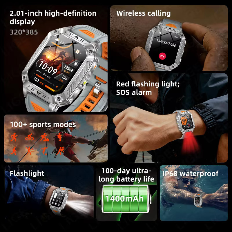 LIGE Militär-Smartwatch für Herren in Schwarz mit 1400mAh Akku, Fitness-Tracker und LED-Taschenlampe, wasserdicht, kompatibel mit Android und iOS - Bild 5
