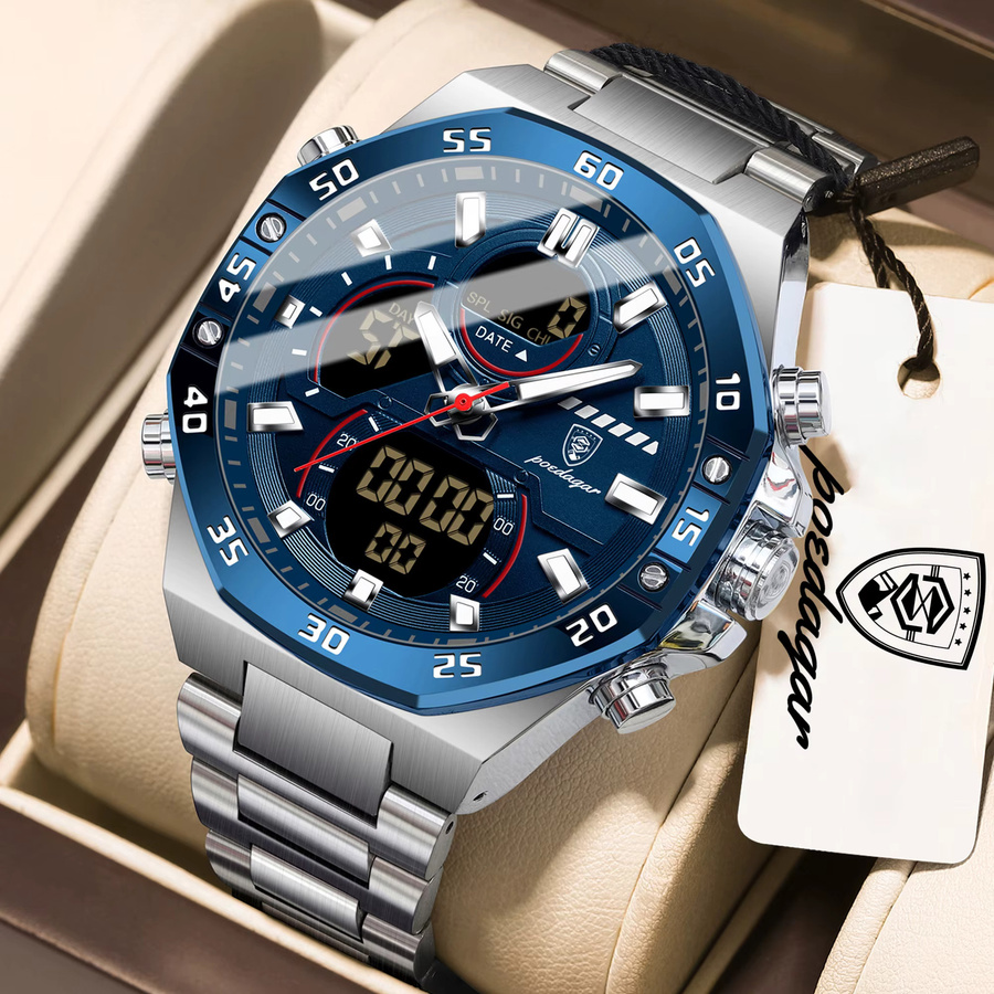 POEDAGAR Digitaluhr, Quarz, Edelstahl, Blau, Herren - Bild 2