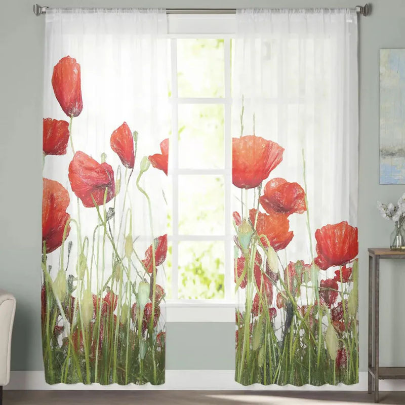 A Family Of Home Textiles Mohnblumen-Tüllvorhang mit floralem Design, transparent, weiß, B: 135 cm, H: 244 cm - Bild 5