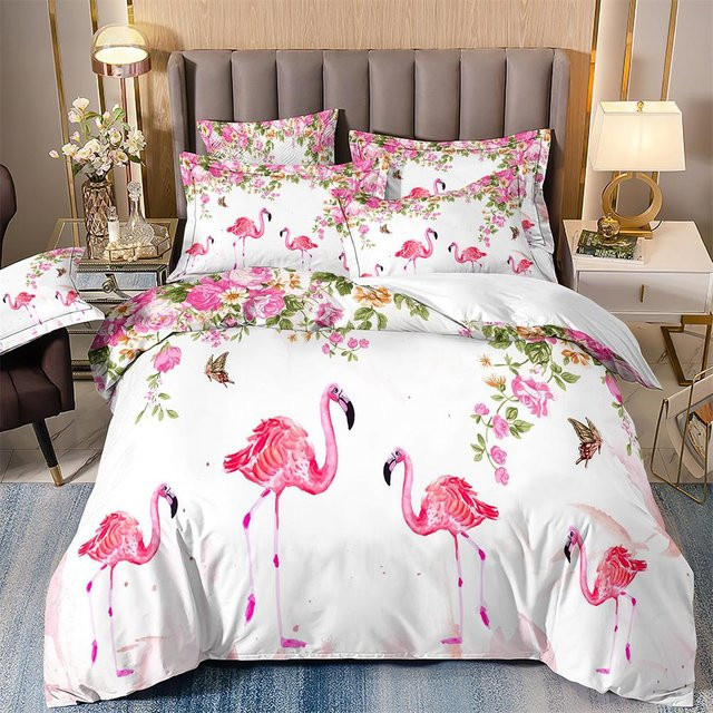Lodestar Bettwäsche-Set mit Flamingo- und Papageien-Print, pinkfarbene Microfaser-Bettwäsche mit Blumen- und Baum-Motiv, B/H: 200 x 200 cm - Bild 1