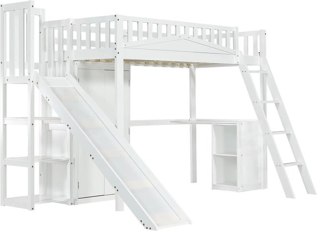 KOMHTOM Etagenbett für Kinder aus Kiefernholz mit Tisch, Kleiderschrank und vierstufiger Leiter, Farbe Weiß, B/T/H: 200 x 90 x 170 cm - Bild 1