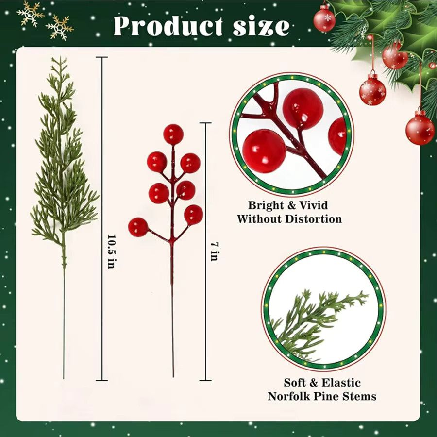50 Stück künstliche Holly-Pflanzen mit roten Früchten in Rot und Grün für Weihnachts- und Neujahrsdekorationen - Bild 2