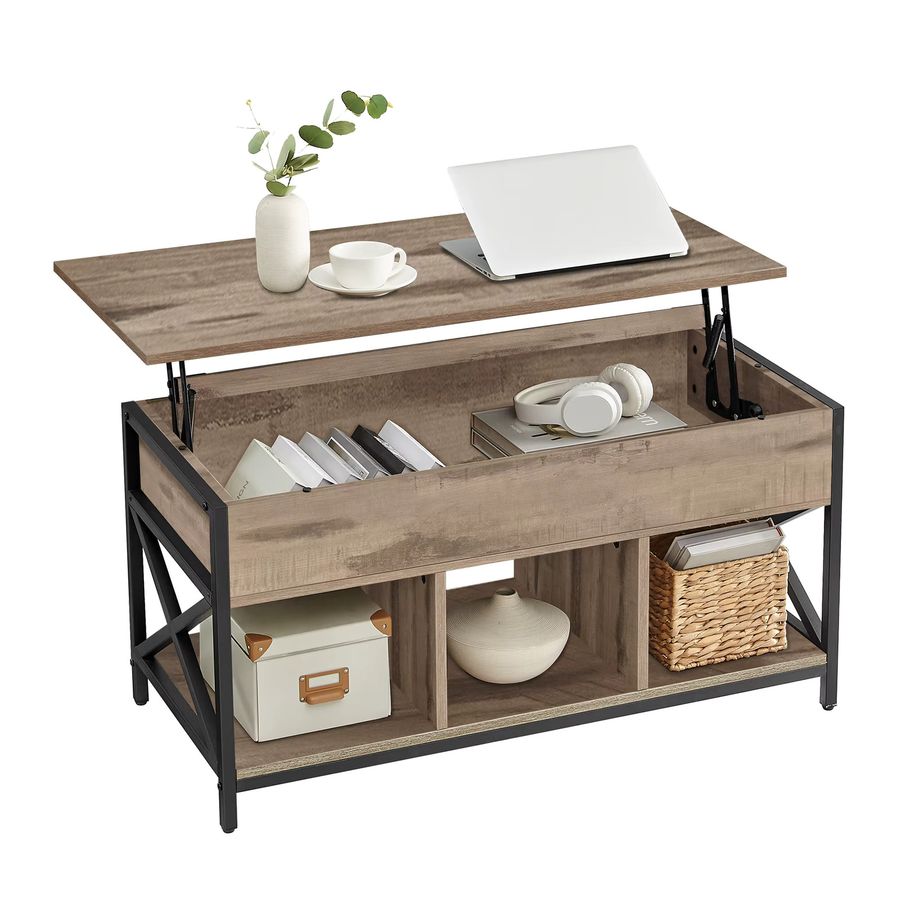 VASAGLE Couchtisch in Industrial Design mit höhenverstellbarer Tischplatte, verstecktem Stauraum und offenen Fächern, Farbe: Vintagebraun-Schwarz - Bild 2