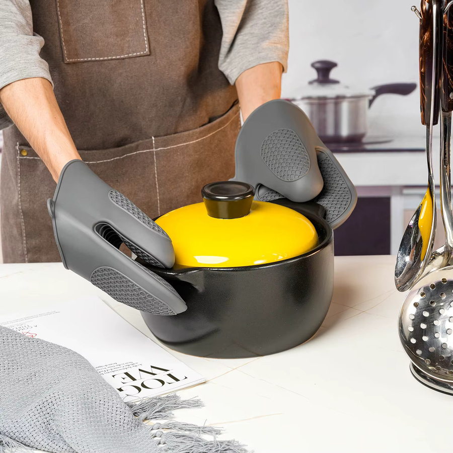 Venlohome Hitzebeständige Silikon Ofenhandschuhe im 2er-Set mit Wabenstruktur und Clips, Schwarz und Grau - Bild 2