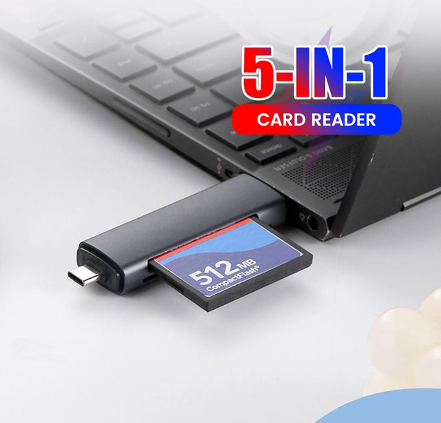 elough 5-in-1 Multifunktionaler USB 2.0 Kartenleser für CF SD TF Speicherkarten in Schwarz - Bild 1
