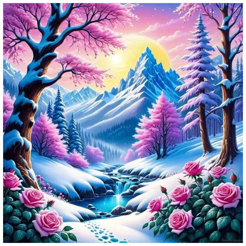 HUACAN 5D DIY Diamant Stickerei Kit Surreal Winter Landschaft mit Schnee und Blumen, Multicolor, 20 x 20 cm - Bild 5