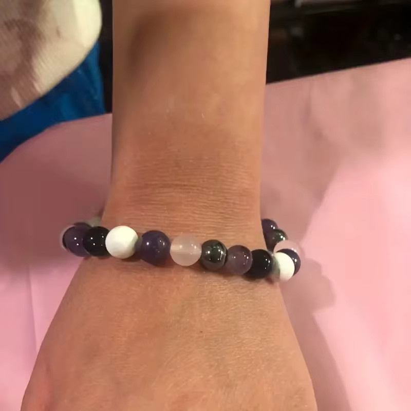 Armband, Amethyst, schwarzer Turmalin, klarer Quarz, Hämatit, Lepidolit, Rosenquarz, weißer 8 mm runder Kristall, Unisex - Bild 5