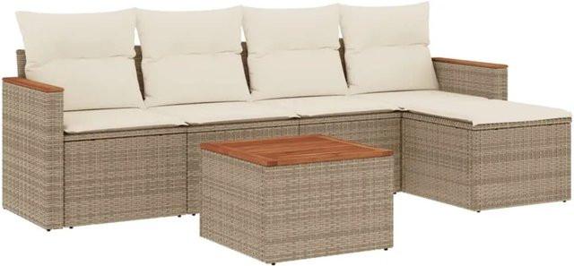 vidaXL 6-teilige Garten-Sofagarnitur aus Poly-Rattan und Akazienholz in Beige und Cremeweiß - Bild 1