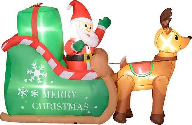 Outsunny Aufblasbare Weihnachtsdekoration Weihnachtsmann mit Schlitten und Rentier in Weiss und Multicolour, 2,1 m Höhe, mit LED-Beleuchtung für Innen und Außen - Bild 1