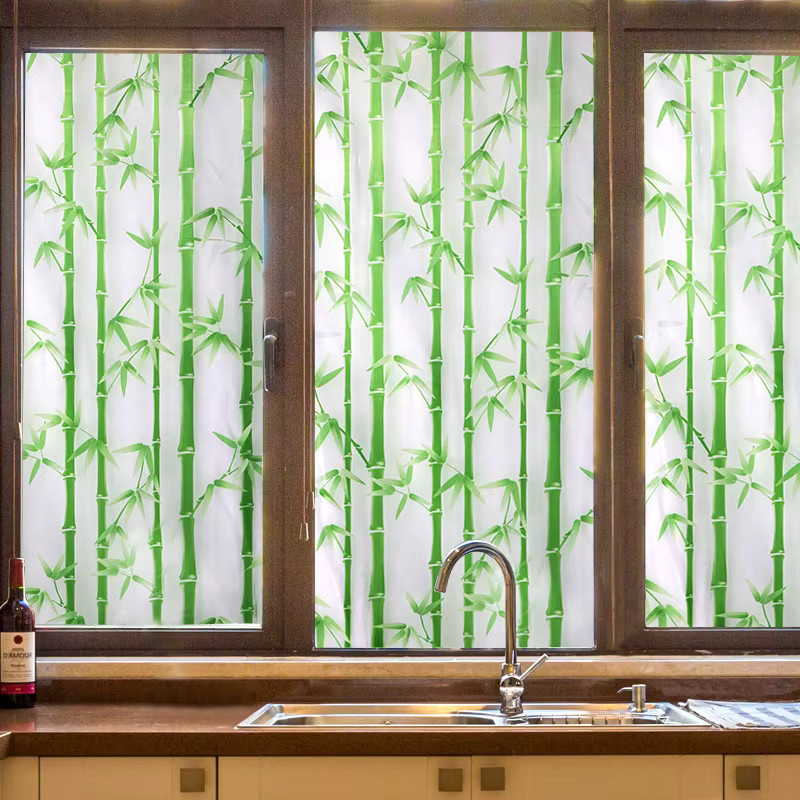 WXSHSH Bambus Fensterfolie Milchglasfolie mit floralem Design, statisch haftend und abnehmbar zur Privatsphäre - Bild 3