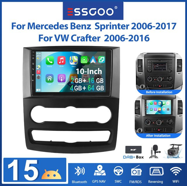 ESSGOO 10 Zoll Android 15 Autoradio für Mercedes Benz Sprinter und VW Crafter mit Wireless Carplay, Android Auto, GPS, Bluetooth und WLAN in Schwarz - Bild 1