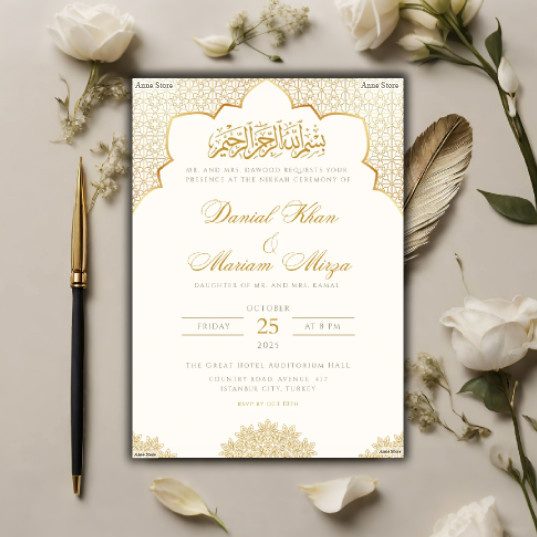 Personalisierte elegante Henna-Tag-Einladung in Weiß für deine muslimische Hochzeit oder Verlobungsparty - Bild 1