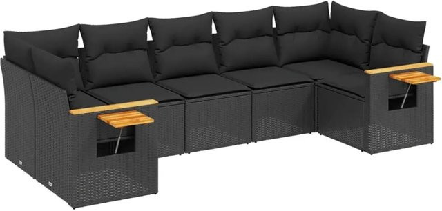 vidaXL 7-tlg Garten-Sofagarnitur in L-Form aus schwarzem Poly-Rattan mit Kissen und Akazienholz - Bild 1